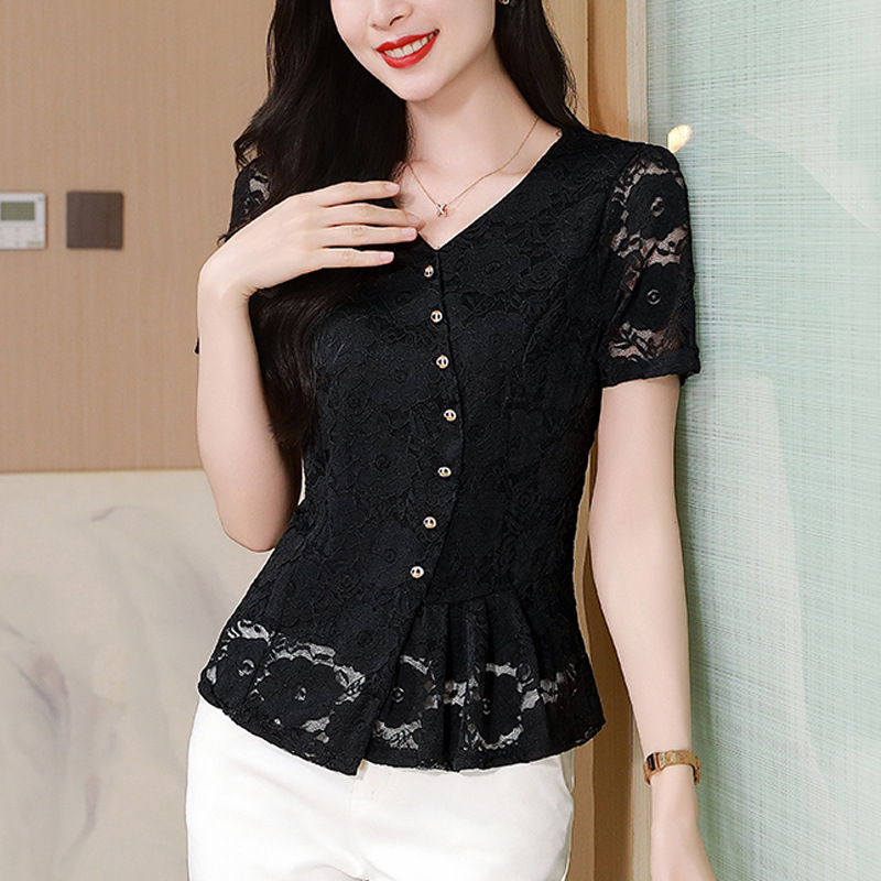 French-Style Niche Lace Short-Sleeve Top for Women, 2025 Summer New Fashion V-Neck Undershirt, Versatile Inner and Outer Wear Blouse French-Style Niche Lace Short-Sleeve Top for Women, 2025 Summer New Fashion V-Neck Undershirt, Versatile Inner and Outer Wear Blouse