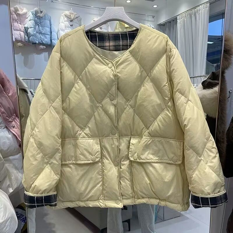 韩版袖子拼接格子白鸭绒羽绒服短款2024新款宽松冬季休闲格子保暖