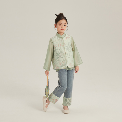 2024 Spring New Style Children's Western Style Shirts Chinese Style Vest Girls New Chinese Style Embroidered Vest Jacket Two-piece Set