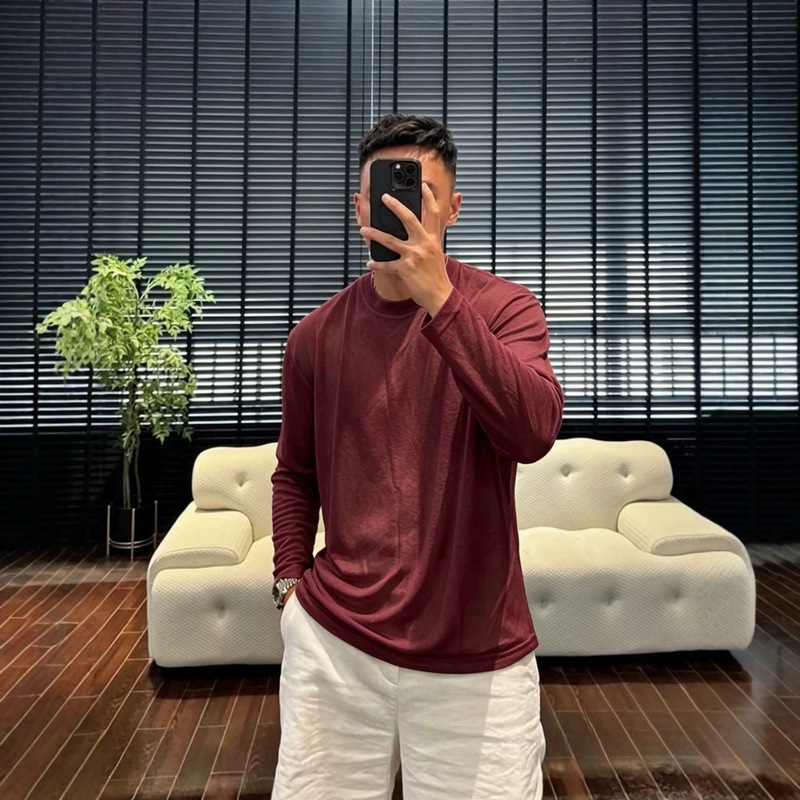 Directly supplied by the manufacturer, new summer solid color Lyocell Tencel long-sleeve men's T-shirt, breathable casual top for men