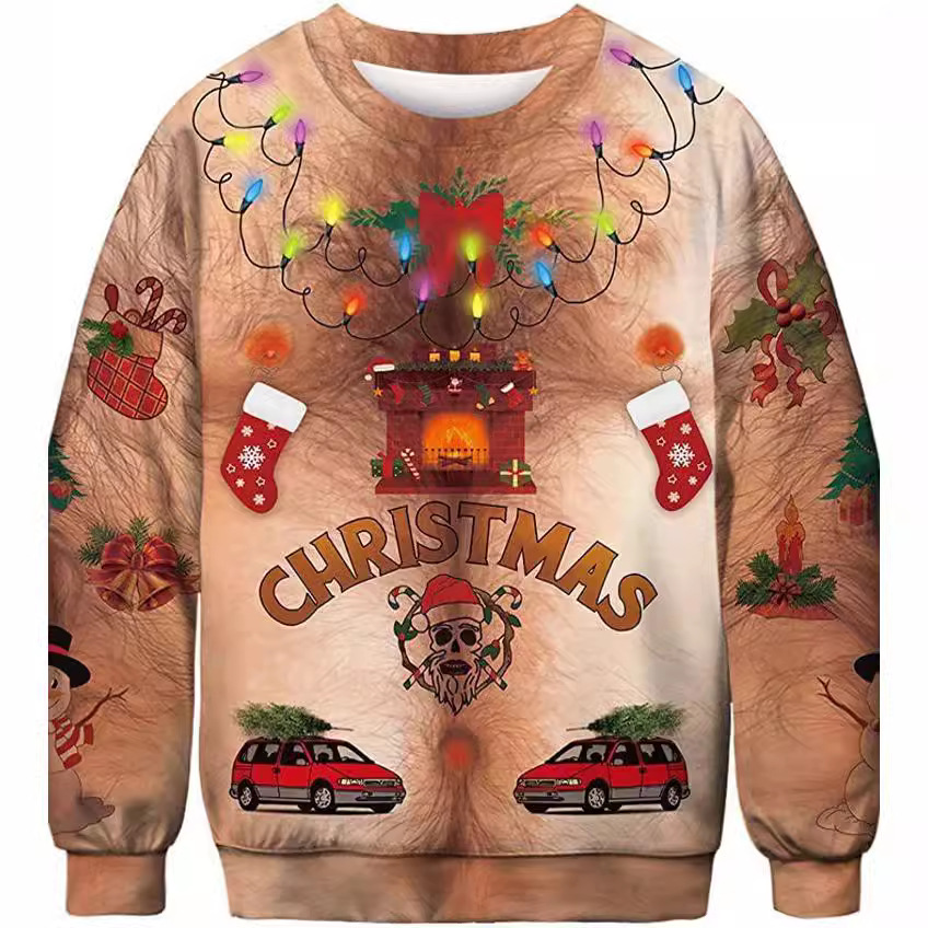 Modni pulover s kapuljačom za par s 3D printanim uzorkom dlaka na prsima_voghion.com