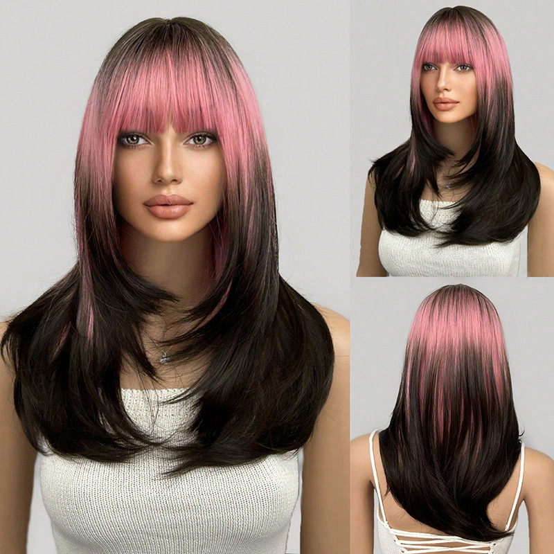 Curly Layered Wig Full Length Cosplay Style Gradient Beige Pink Wig For Women With Bangs Synthetic Hair Extensions_voghion.com