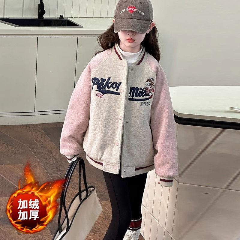 소녀 서양식 편지 야구 세트 가을과 겨울 중간 크기의 소녀 면 두꺼운 따뜻한 재킷 어린이 코트 트렌디