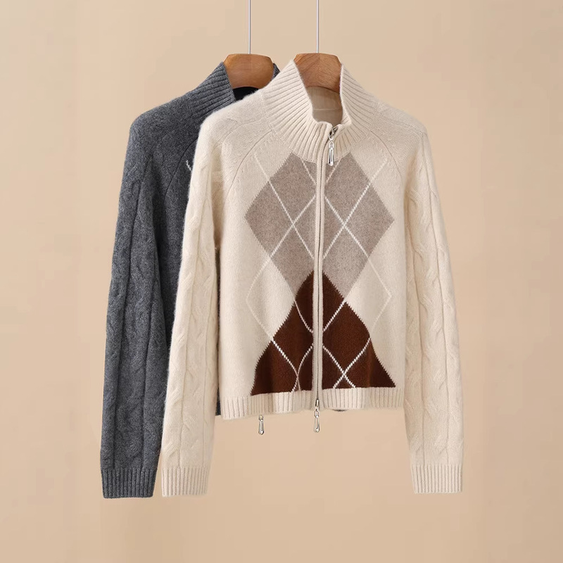 100% Pure Cashmere Cardigan for Women, Half-High Collar, Zippered Knit Jacket, Diamond Pattern Sweater, Loose Fit, Slimming Top 100% Pure Cashmere Cardigan for Women, Half-High Collar, Zippered Knit Jacket, Diamond Pattern Sweater, Loose Fit, Slimming Top