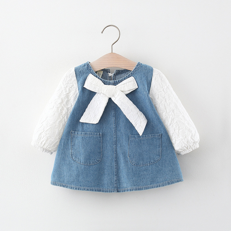 2021 Autumn New Girls' Cowboy Dress with Bow at the Collar Girls' Korean Style Long Sleeve Stitching Denim Skirt