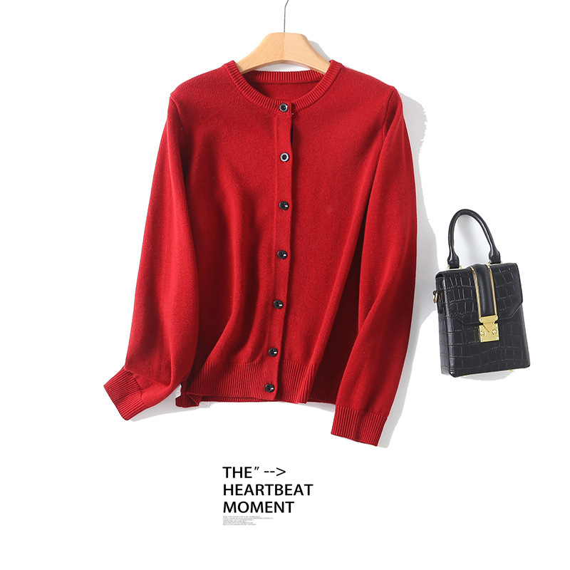 Puyuan Wool Sweater for Women, Three-Color Label, 100% Wool Cardigan, Red Round Neck, Gray Knitwear, Fine Wool for Women