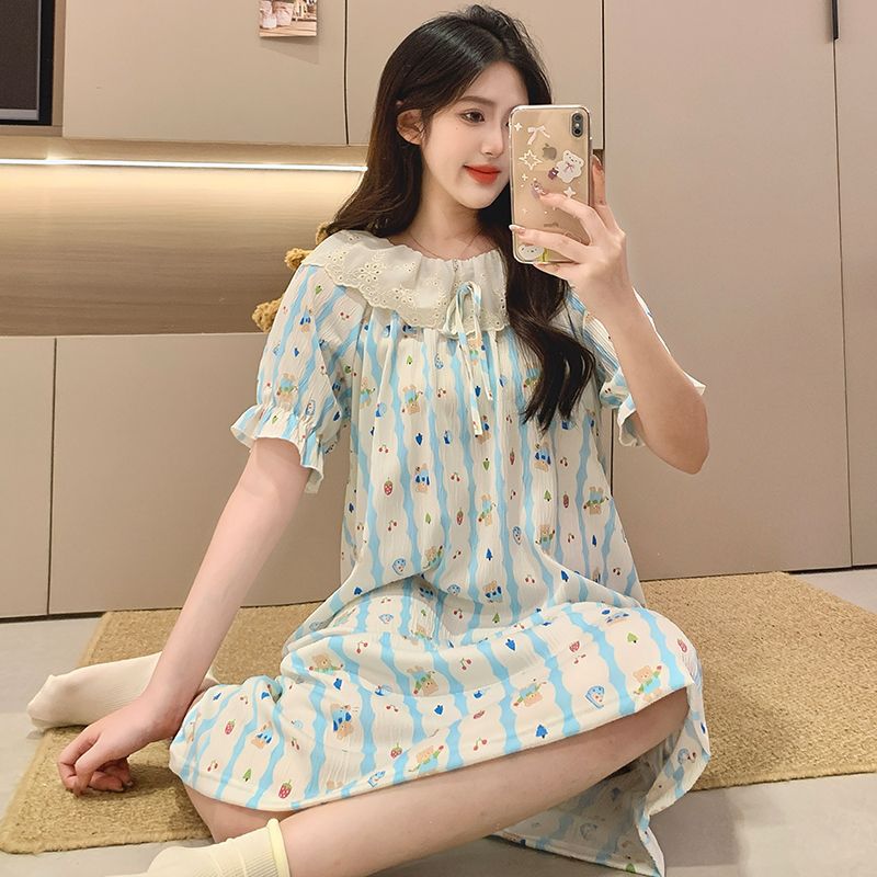 Venta al por mayor transfronteriza verano nuevo pijama mujer imitación algodón arrugado manga corta camisón de longitud media encaje lindo y dulce servicio a domicilio