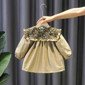 女宝宝外套春秋洋气小女孩时尚娃娃领风衣韩版中长款小童宽松上衣