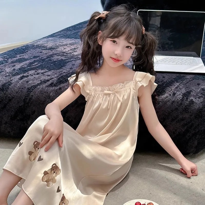 Girl's Nightgown Summer New Korean Style Sling Girl's Nightgown Ice Silk Outer Wear Big Children's Nightgown Children's Nightgown Skirt