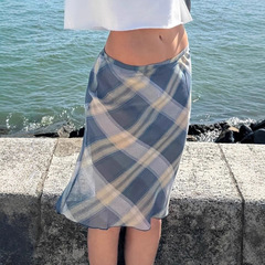 文学的で新鮮なチェック柄のコントラストメッシュスカート AliExpress クロスボーダー夏の女性の通勤ミドル丈スカート