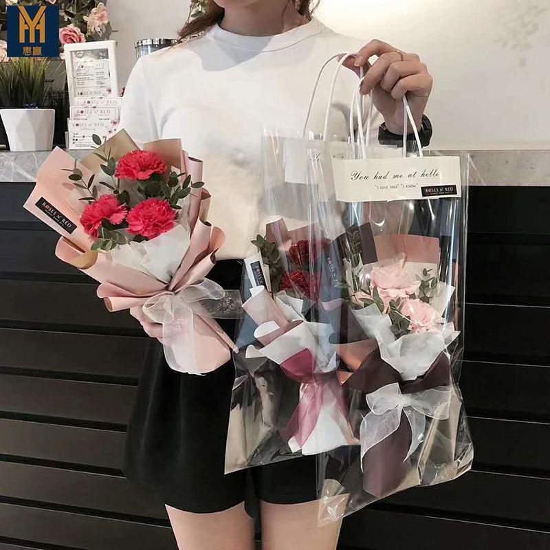 Té de leche bolsa portátil OPP bolsa transparente bolsa de flores frescas ramo de ropa de embalaje para llevar bolsa de yeso embalaje de descuento publicidad