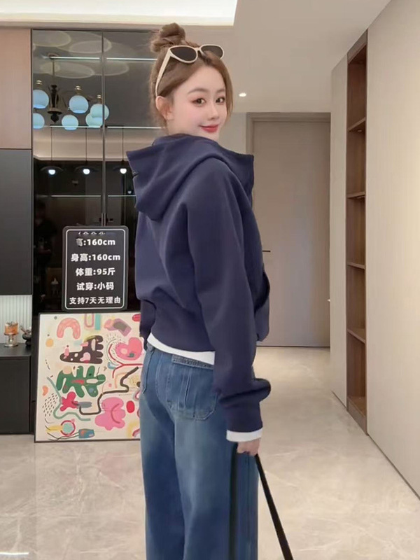 韩系慵懒风连帽卫衣女2025秋新款拉链开衫宽松显瘦小个子百搭外套|undefined