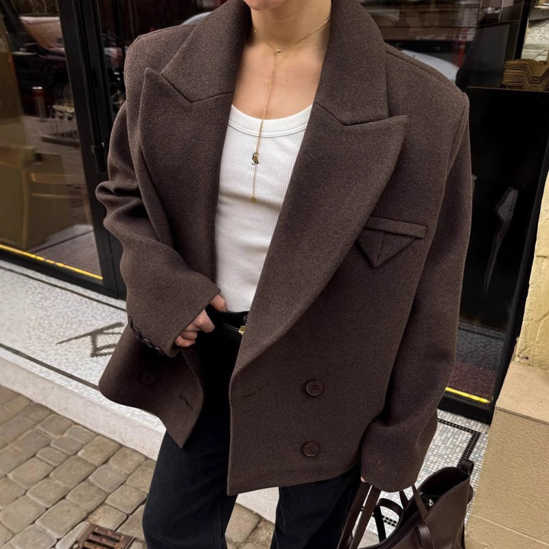 外贸欧美风秋冬新款长袖短款气质洋气呢子跨境女装大码百搭外套女|undefined