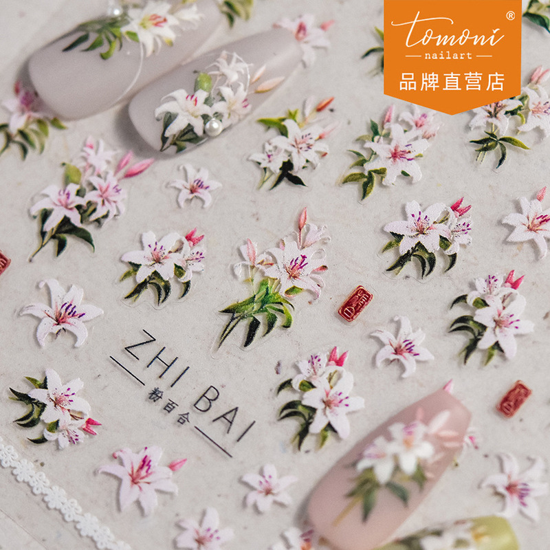 Tomoni Thin Tough Nail Art Sticker Explosions Vintage Nail Sticker Factory Wholesale Japanese Pink Lily Sticker 3903