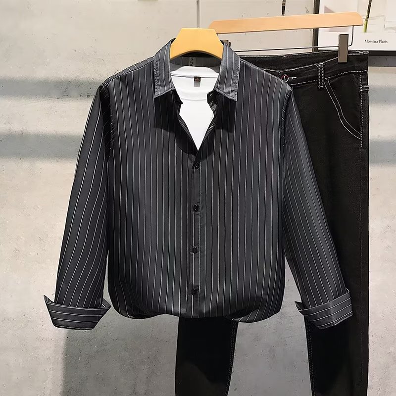 Striped Long-Sleeve Shirt for Men with a Unique Design, Niche Business High-End, Wrinkle-Free Men's Shirt, New Trendy Spring and Autumn 2022 Style