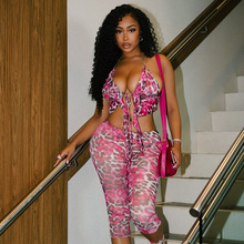 D25ST193外贸女装花卉豹纹印花挂脖荷叶边上衣五分短裤两件套装女