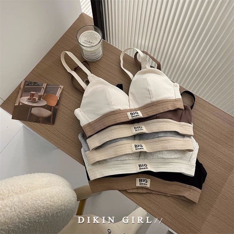 Women's French-style triangle cup bra suit comfortable push-up large chest small letter printed wireless back-shaping underwear