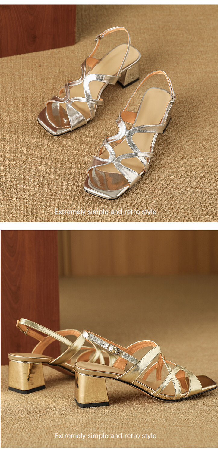 Sandal cao gót nữ da thật mũi vuông hở mũi gót thô 9 cm — Màu vàng, Màu bạc chi tiết 11
