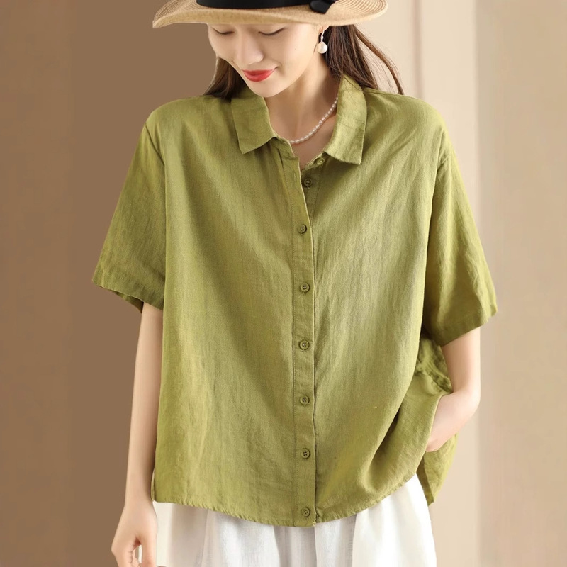Stone-Washed Linen Shirt Women's Lapel Short-Sleeved Solid Color Top Temperament Shirt Stone-Washed Linen Shirt Women's Lapel Short-Sleeved Solid Color Top Temperament Shirt