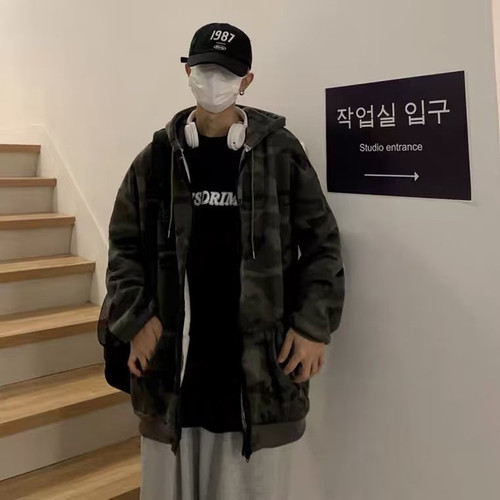 Camouflage Hooded Sweatshirt for Men - Loose Fit, Ins Style, Spring and Autumn Casual Top, Hong Kong Style, Student Trend Brand Outerwear for Men