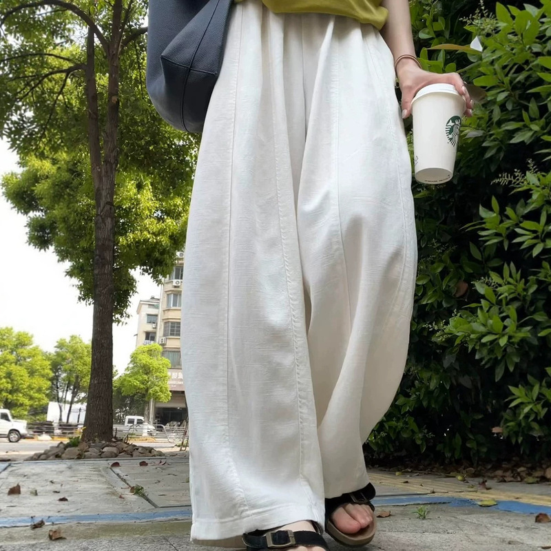 White Wide-Leg Pants for Women, Summer Thin Loose Casual Pants, High-Waisted Slimming Casual Cotton-Linen Balloon Pants