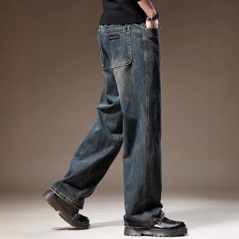 High-end European and American Retro Washed Heavy Denim Pants Men's Autumn Straight Wide-leg Trendy Loose Casual Pants