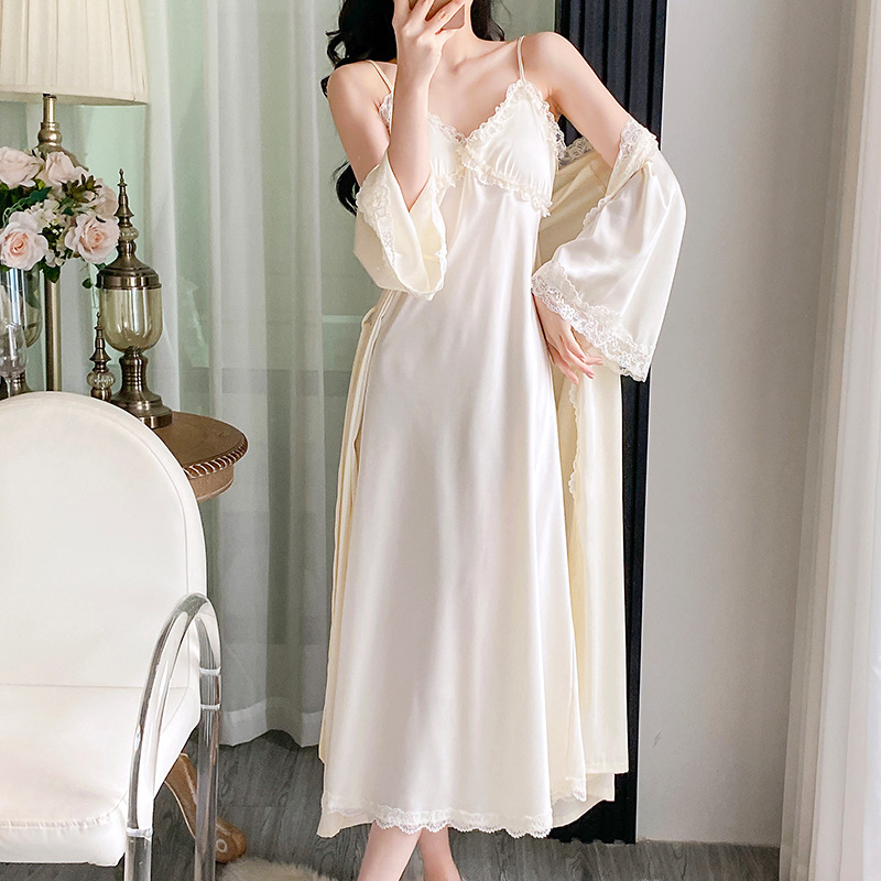 Spring and Summer Sexy Camisole Nightgown with Chest Pads, Long Two-Piece Set, Ice Silk Sleepwear, Thin Long-Sleeve Robe for Tall Individuals