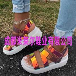独立站外贸新款2020夏季炫彩变色女式凉鞋厚底休闲沙滩大码女鞋
