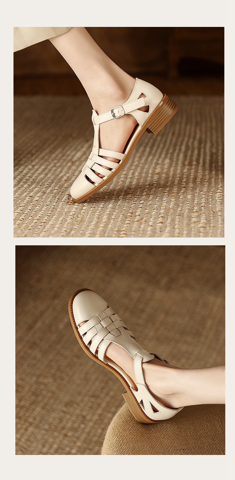 Sandal bít mũi da cừu phong cách La Mã quai chữ T dệt cho nữ — Màu caramel chi tiết 12