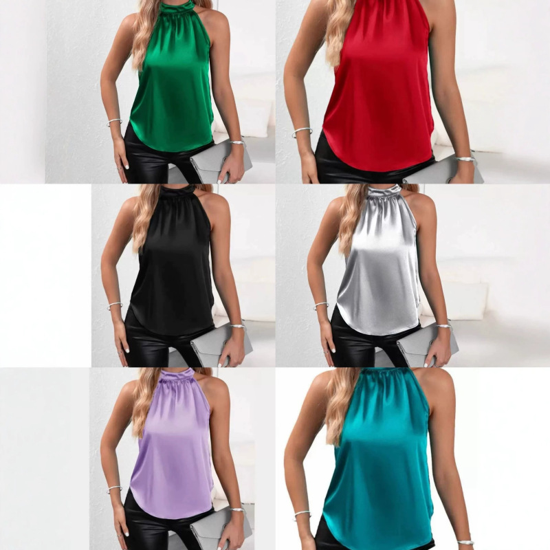 2026 Summer New Satin Vest for Women, Solid Color, Off-Shoulder, Halter Neck, Sleeveless Top, Amazon, European and American Cross-Border, in Stock