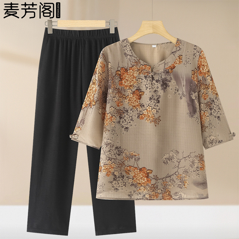 Middle-aged and Elderly Summer Clothes Short-sleeved suit Grandma's Summer Round Neck T-shirt Mother's Western Style Top Old Lady's Clothes