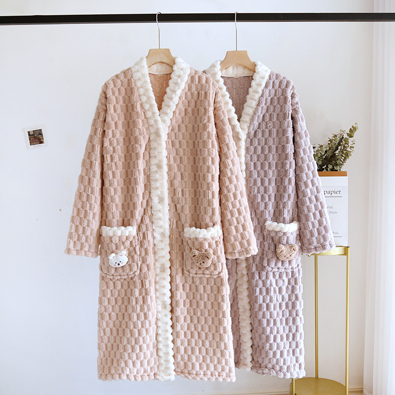 Coral Fleece Nightgown for Women, Autumn/Winter Thickened & Loose V-Neck Solid Color Bathrobe, Winter Warm Flannel Homewear Robe