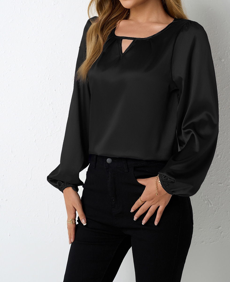 Satinbluse Damen Langarm Elegante Faltenbluse Oberteil_voghion.com
