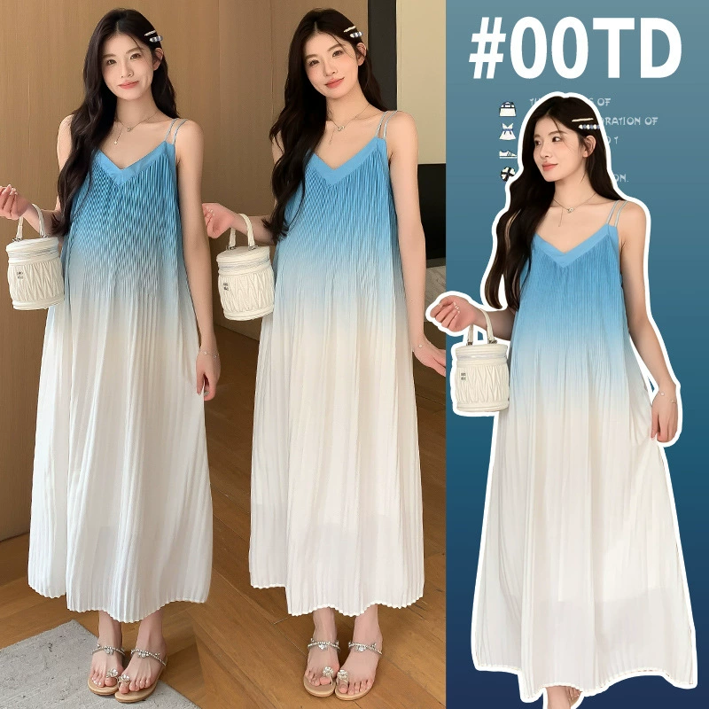Новое платье для беременных 2025 года: плиссированное шифоновое платье, платье-комбинация для беременных, платье-майка для беременных с градиентом цвета «Тиффани блю»