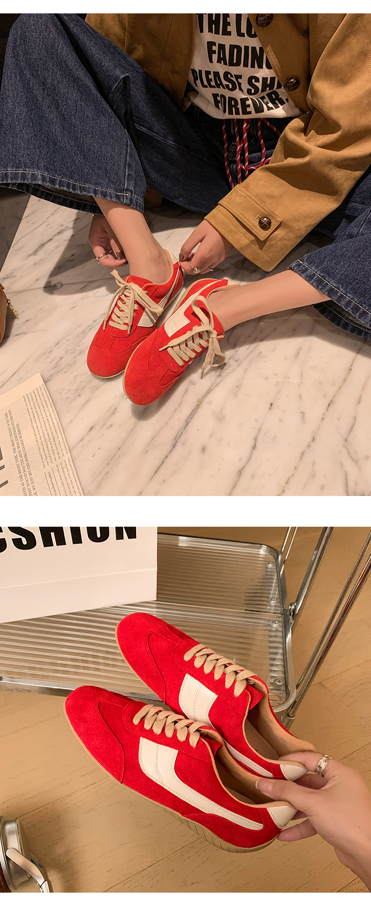 Giày sneaker nữ đế bệt mũi tròn dây buộc da thật phối màu phong cách Đức — Màu nâu chi tiết 11