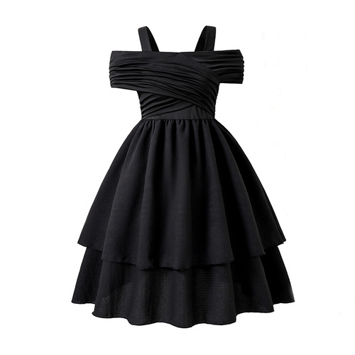 Girls' Dress, Children's Clothing, Summer New Arrival Off-Shoulder Strappy Pleated Double-Layer Flared Princess Dress