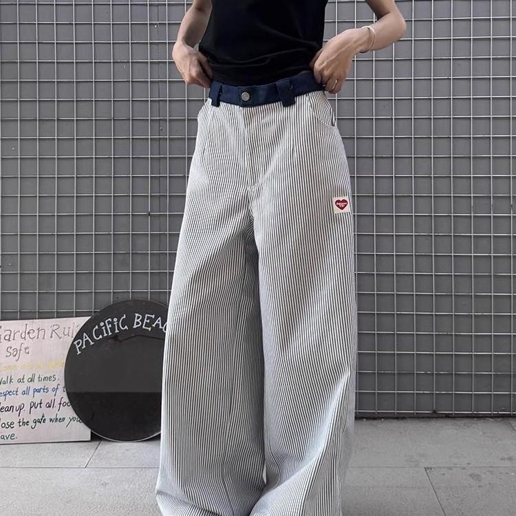 跨境蓝色竖条纹裤子夏季薄款爱心刺绣阔腿弯刀裤小众直筒休闲长裤|undefined