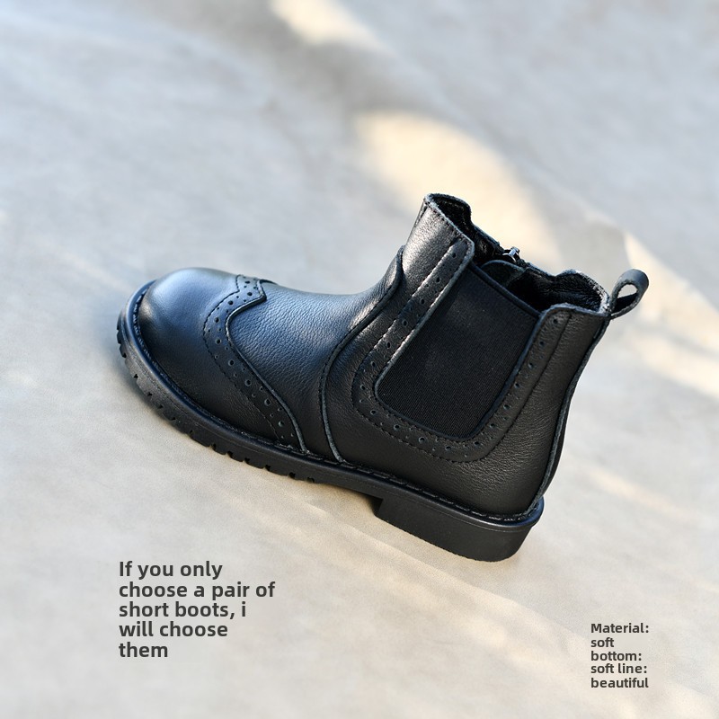 Children's Soft Cowhide Boots Short Boots Autumn and Winter Short Boots Baroque Princess Shoes Soft Black Leather Boots Fashionable Boots Baby Warm_voghion.com