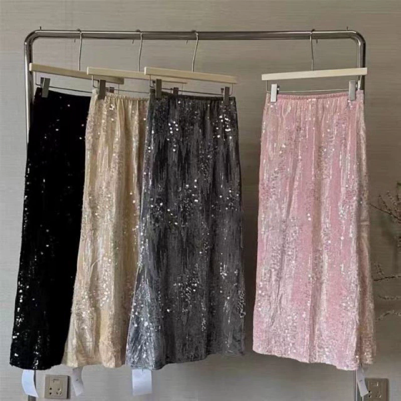 Юбка с блестками, черная мода, тяжелая работа, новая новая модель средней и длинной, покрытая мясом, тонкая рыбья хвост
