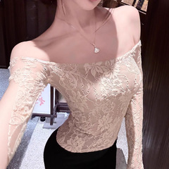 纯欲风一字肩打底蕾丝衫女春秋新款高级感收腰修身显瘦内搭上衣潮