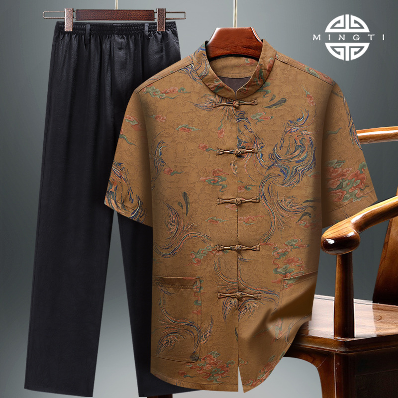Men's Tang Suit Suit for Middle-Aged and Elderly, Thin Style, Chinese Style, New Summer Style, Father's Outfit, Short-Sleeved with Xiangyun Yarn