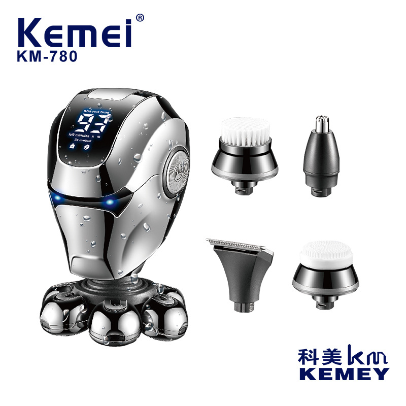 Afeitadora eléctrica multifuncional Kemei 5 en 1 con 7 cuchillas, pantalla digital, recortadora de barba impermeable KM-780