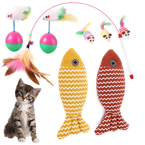 Catnip toys self-entertaining complete set steel wire feather cat wand mint ball suction mouse wind-up pet supplies