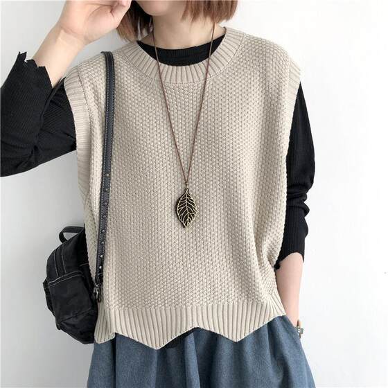 Knitted Vest Women's Outer Wearing Spring and Autumn High-grade Solid Color Loose Crewneck Pullover Irregular Stacked Vest