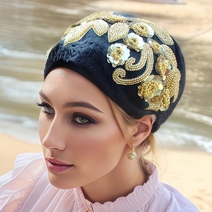 Leaf Flower Turban with Floral Patchwork, New Trendy Internet Celebrity Turban with Sequins, Lace Hat for Mothers to Cover Gray Hair