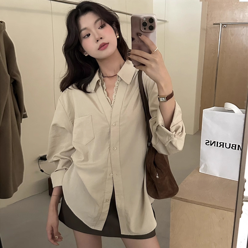 Dongdaemun Design-Inspired Lace Trim V-Neck Long-Sleeve Cardigan Shirt, Loose and Casual Style Top