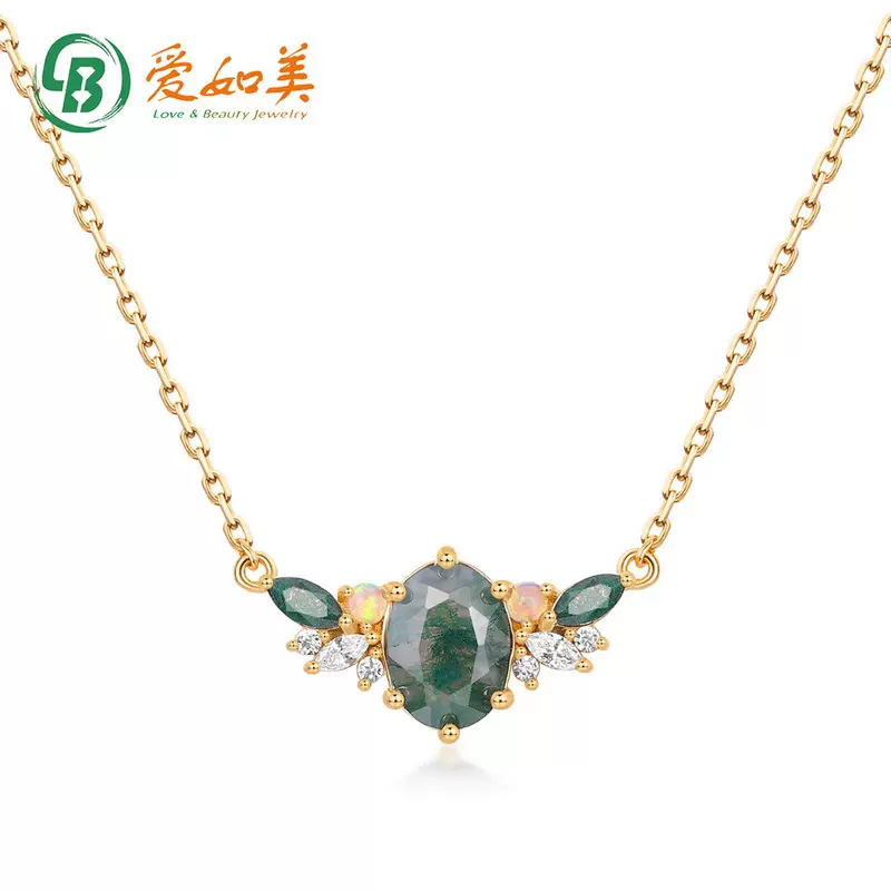 跨境新款欧美轻奢天然水草玛瑙项链女S925银镶绿苔藓石锁骨链百搭