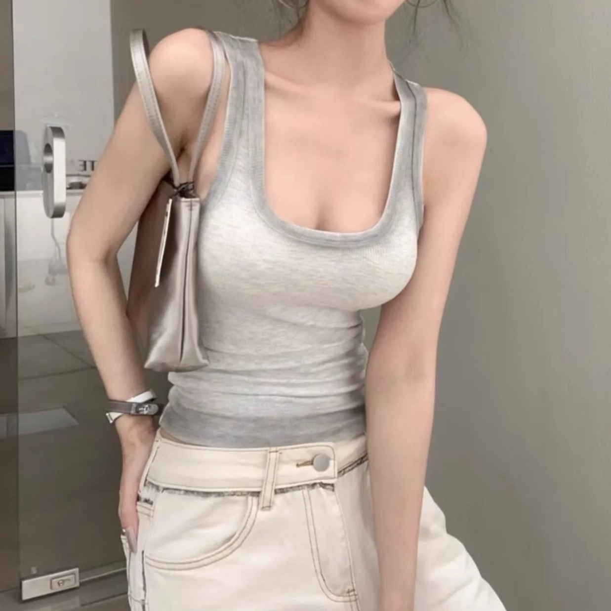 2024夏季新款歐美風修身漸變色復古外穿修身彈力U領工字背心