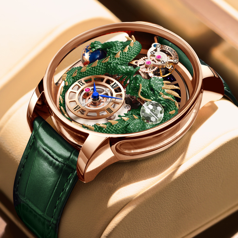 Đồng hồ nam automatic lộ máy chống nước dây thép không gỉ — Hồng Lục Long Lục Bì, Hồng xanh da rồng màu xanh da, Hồng Lục Long Hắc Bì, Hoa Hồng Green Dragon Net Belt