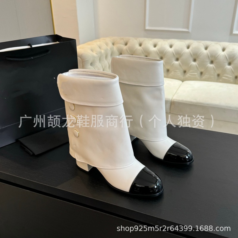 高端2025秋冬小香风真皮圆头拼色粗跟高跟中筒骑士靴裤管靴时装靴|undefined